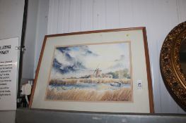 A framed and glazed watercolour study depicting a river scene