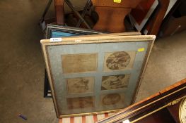 A gilt framed coloured print; a portrait study etc.