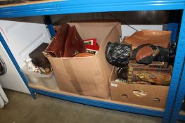 Three boxes containing mahogany storage box, briefcases, Rumtoft terracotta jar, vases etc.