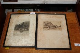 A pencil signed black and white etching together with a framed and glazed print