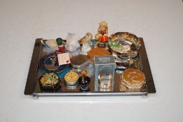 A silver plated and mirrored twin handle tray and contents to include Sekonda pocket watch,