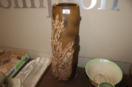 A large Bernard Rooke cylindrical vase with raised leaf decoration, 57cm high