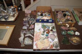 A quantity of malachite, rose quartz, pyrite, blue calcite, amethyst coloured examples etc.