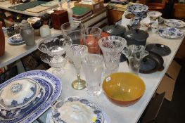 A collection of various glass vases to include a signed example, a coloured glass bowl etc