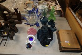 A collection of various coloured glassware to include Art Glass bowl, dressing table items,