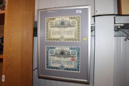A pair of framed Marconi Wireless Telegraph Company of America Capital Stock certificates