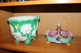 A Majolica style basket with turquoise glaze and bird decoration; and a Majolica style floral