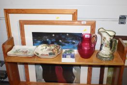 A cranberry glass jug; two Royal Doulton Historic England dishes; a Royal Doulton classically