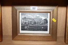 A framed and glazed pencil signed woodblock, 'To A Village School' indistinctly signed 5/200