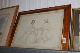A pencil sketch depicting a lady and gentleman seated at a table, initialled H.J.W. contained in