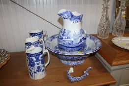 A Spode blue and white wash jug and bowl (jug AF) and a set of three graduated Burslem blue and