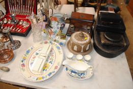 A collection of empty cutlery boxes; a desk stand fitted with two inkwells; a jasperware cheese dish