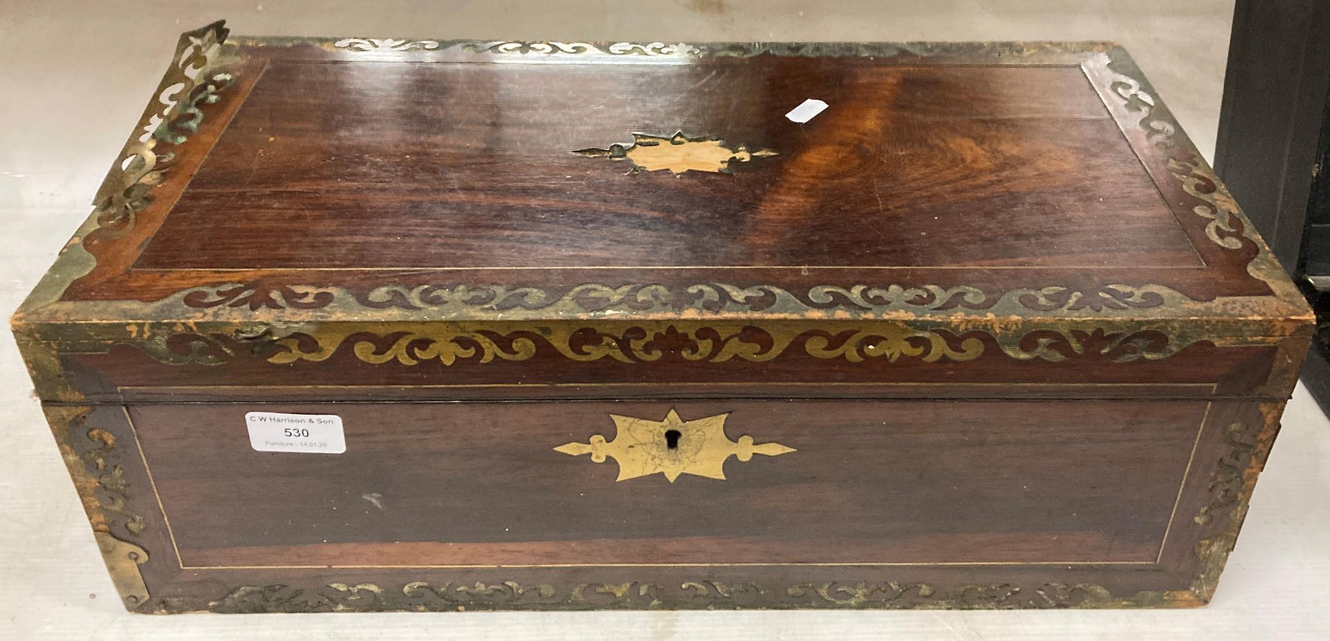 A Rosebood box writing slope with damages, 50cm x 26cm x 18cm high (CWH ...