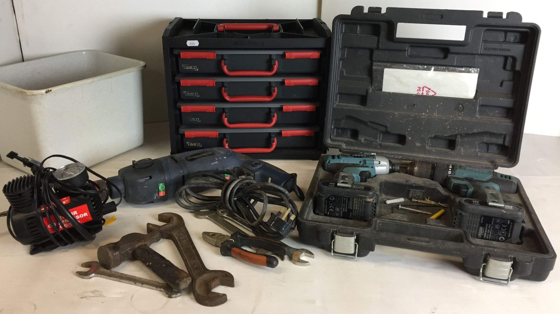Eleven tools including a pair of Erbauer cordless tools in case with battery no charger,