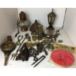 Twenty-five pieces of metalware including miners lamp 18cm high,