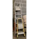 Three step ladders; one Abru aluminium, one aluminium five step,