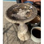 A concrete circular bird bath on a column base,