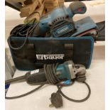 An Erbaur belt sander model EB5950 with bag and quantity of sanding belts and a Makita angle