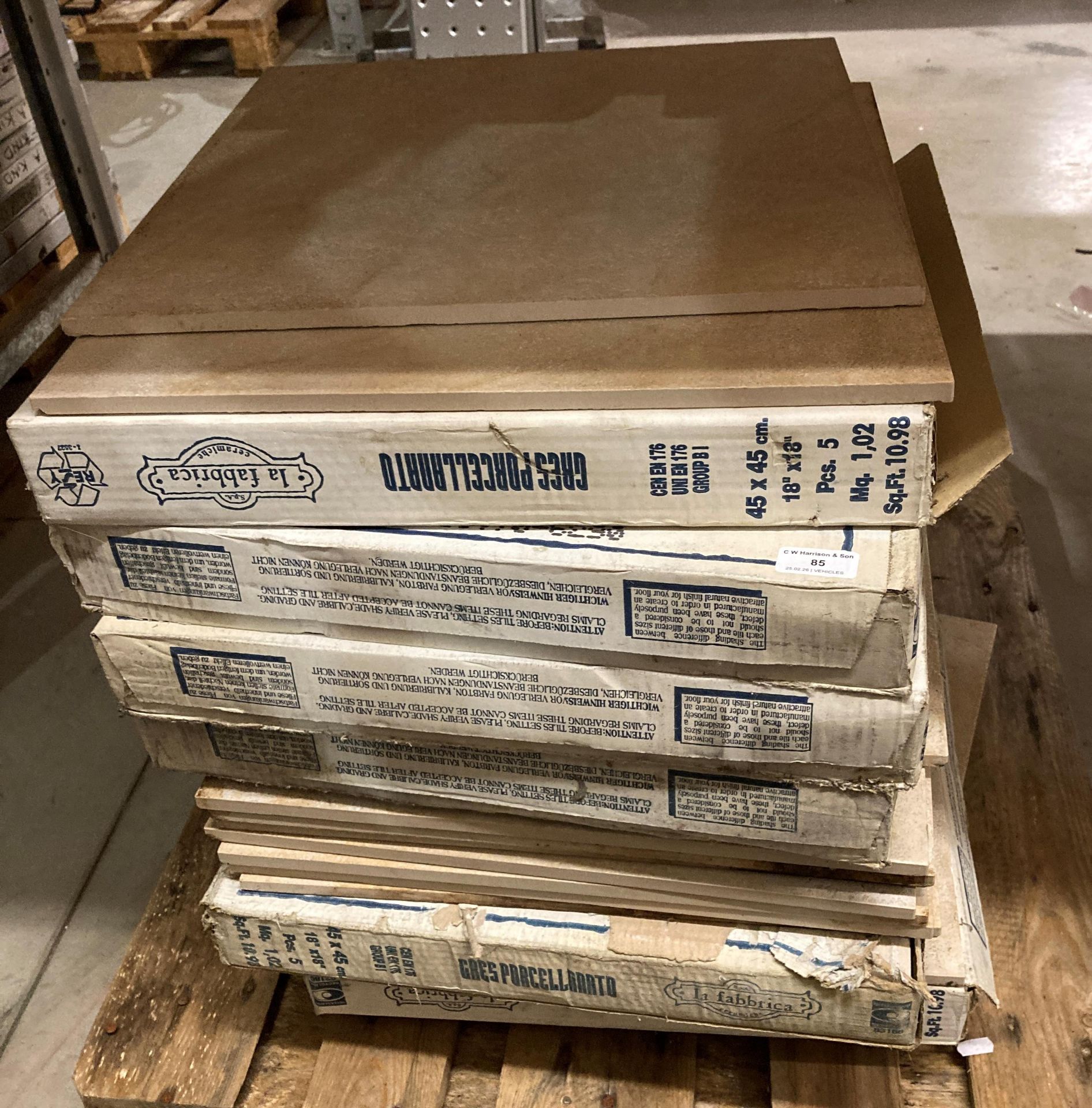 Contents to pallet - six boxes of La Fabbrica porcelain floor tiles - 5 per box each 45cm x 45cm