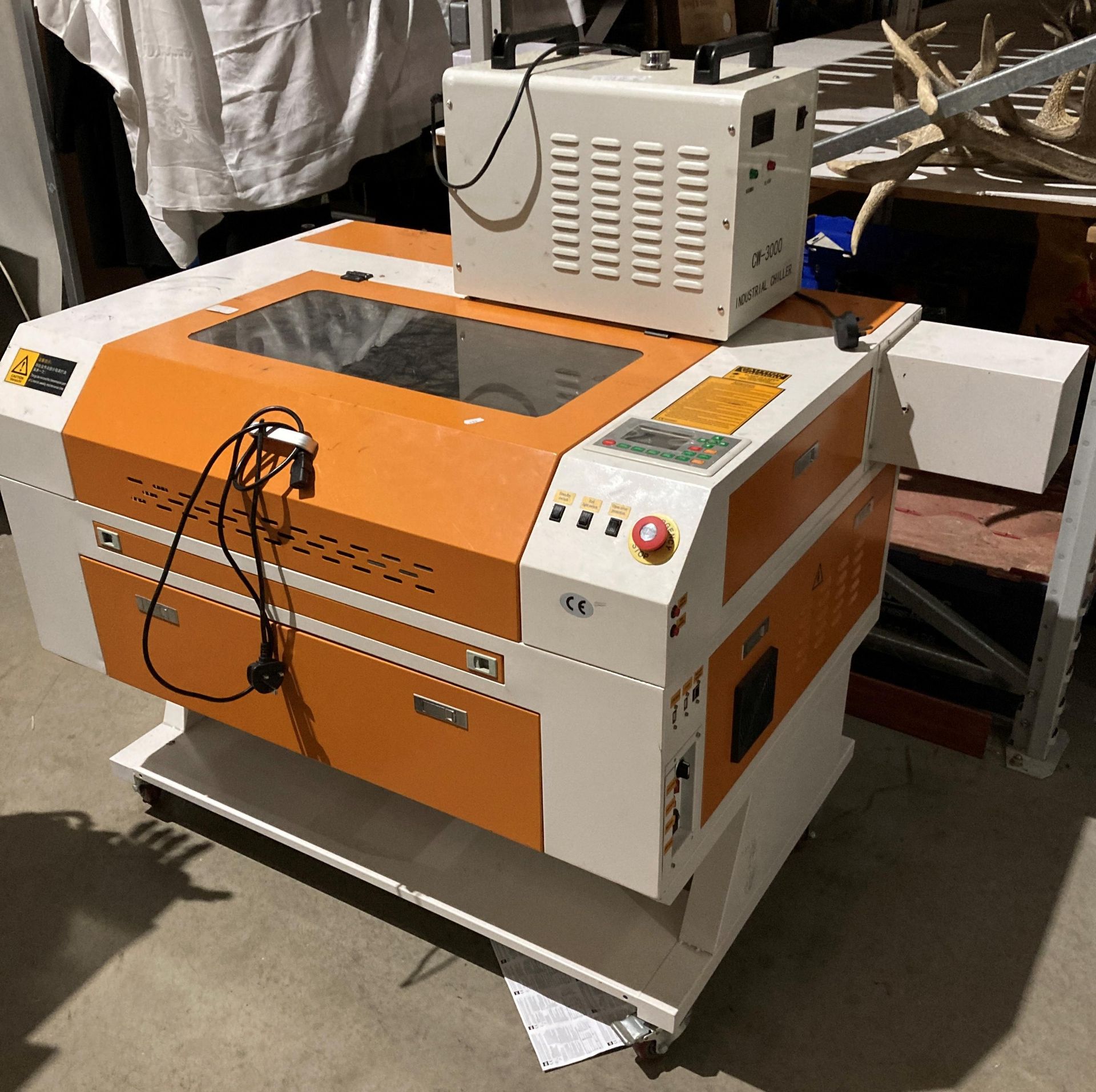 Unbranded Chinese laser cutter with rotary attachment and CW-3000 ...