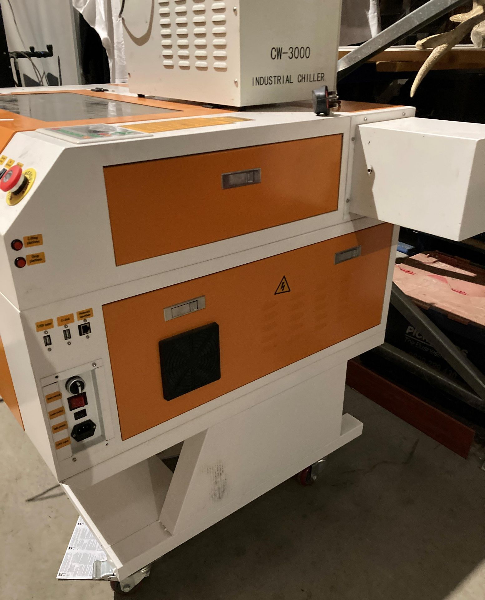Unbranded Chinese laser cutter with rotary attachment and CW-3000 ...