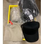 Contents to crate; approximately 40 x Result Headwear hats in stone colour,