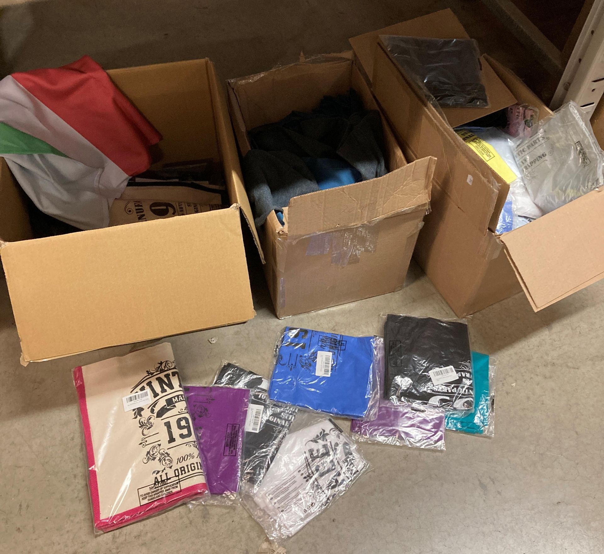 Contents to three boxes; approximately 80 x assorted printed fabric bags, 20 x aprons,