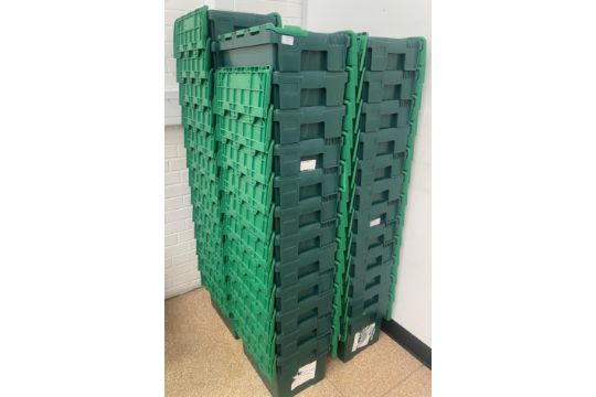 48 x green plastic stacking boxes with lids, 40cm x 30cm