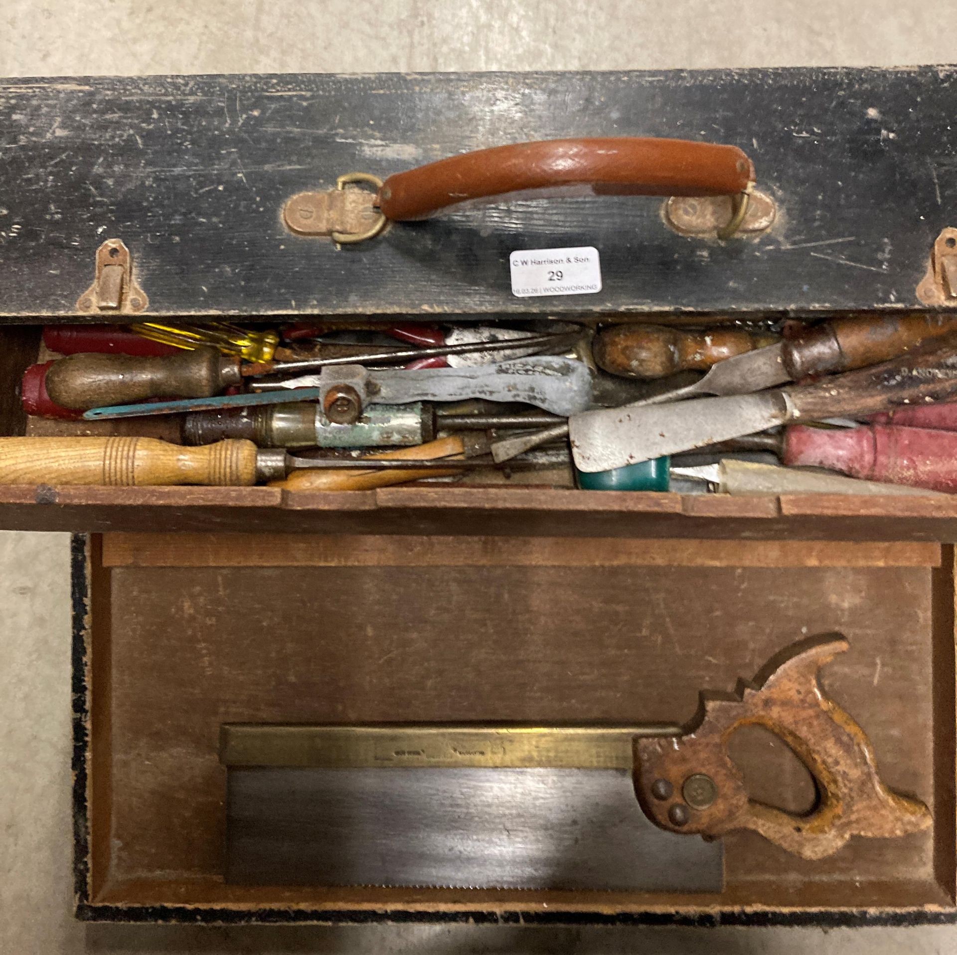 Contents to tool box and bag; a quantity of woodwork tools, saws, bit and brace, chisels, hammer, - Image 2 of 5