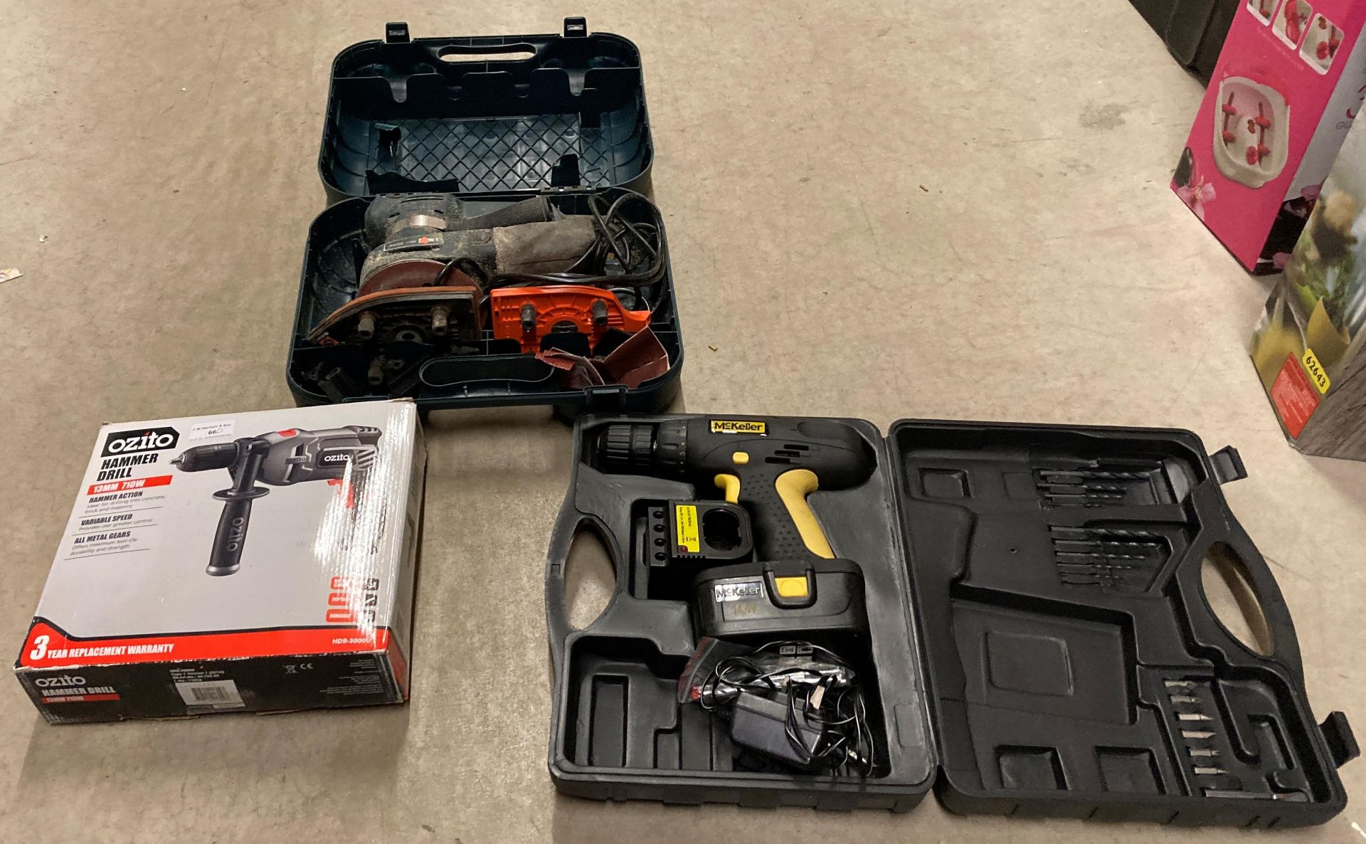 Three items - an Ozito 13mm 710w 240v hammer drill (boxed), a McKeller 14.