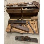 Contents to tool box; a number of antique block and rebate planes, three mallets,
