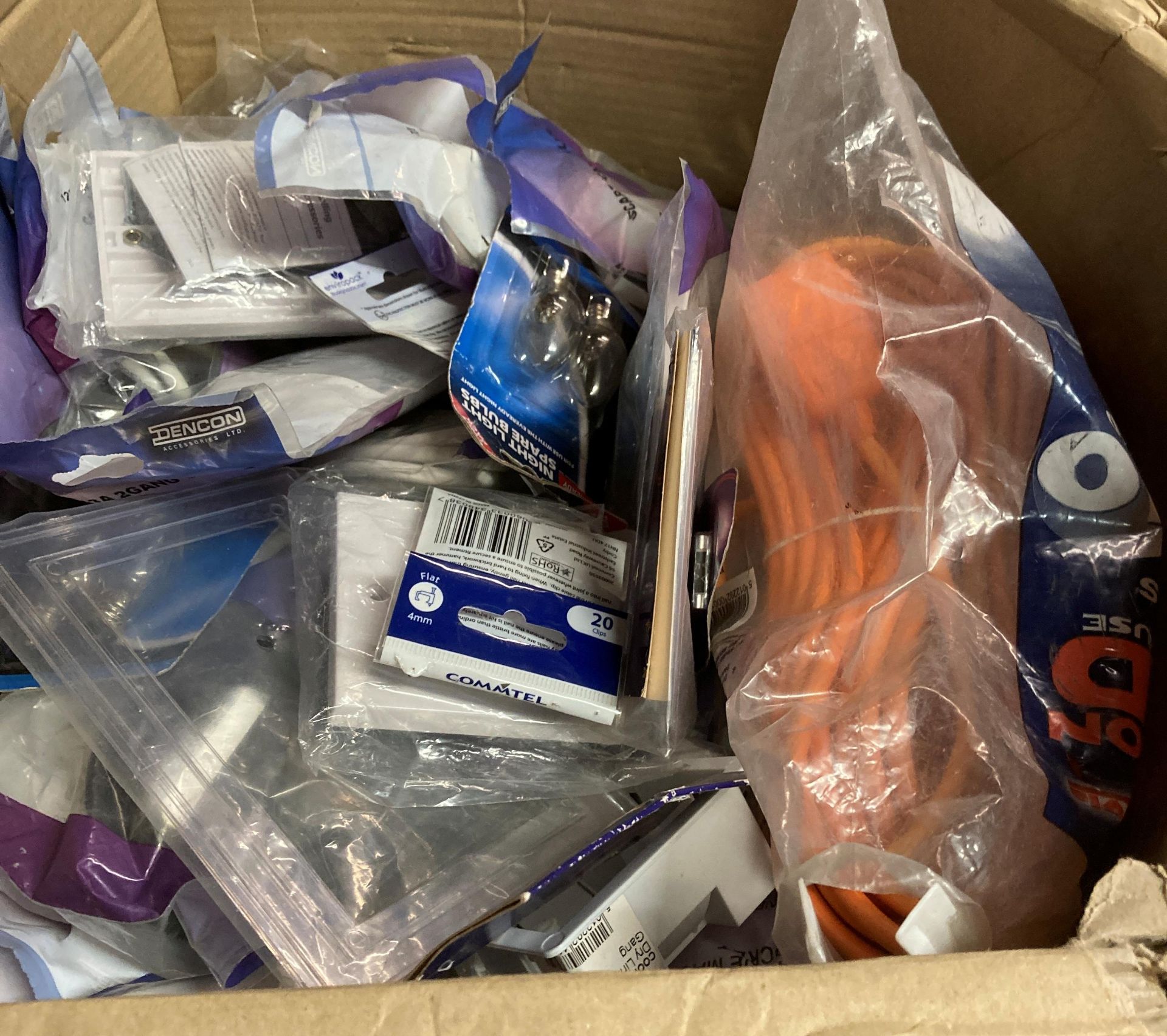 Contents to box - assorted electrical switches, sockets, etc.