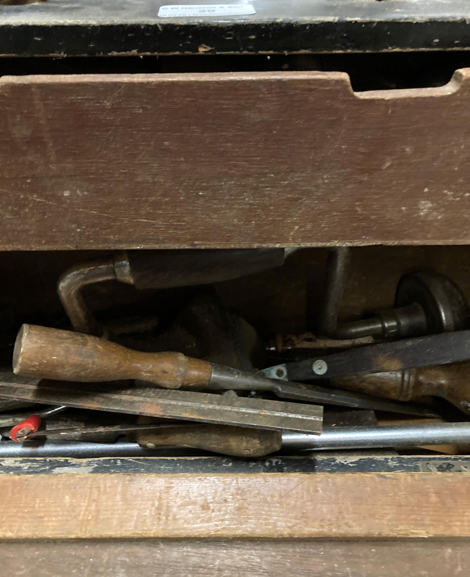 Contents to tool box and bag; a quantity of woodwork tools, saws, bit and brace, chisels, hammer, - Image 3 of 5