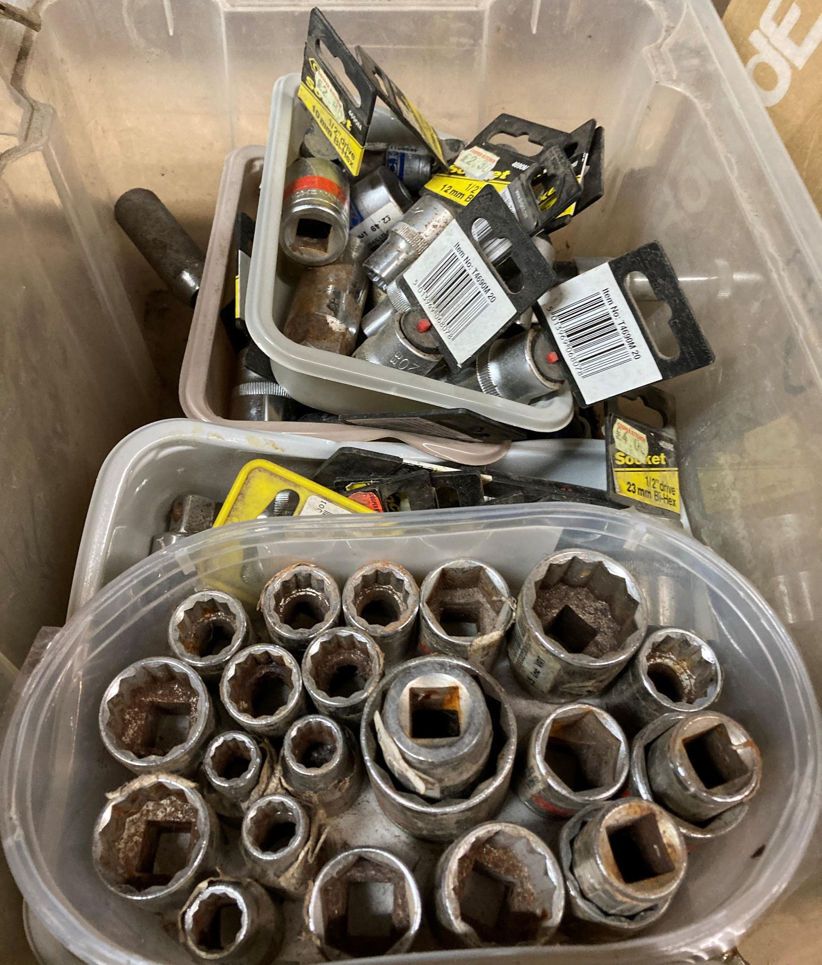 Contents to box - assorted new and used sockets and wrenches (CWH Ref: E12)
