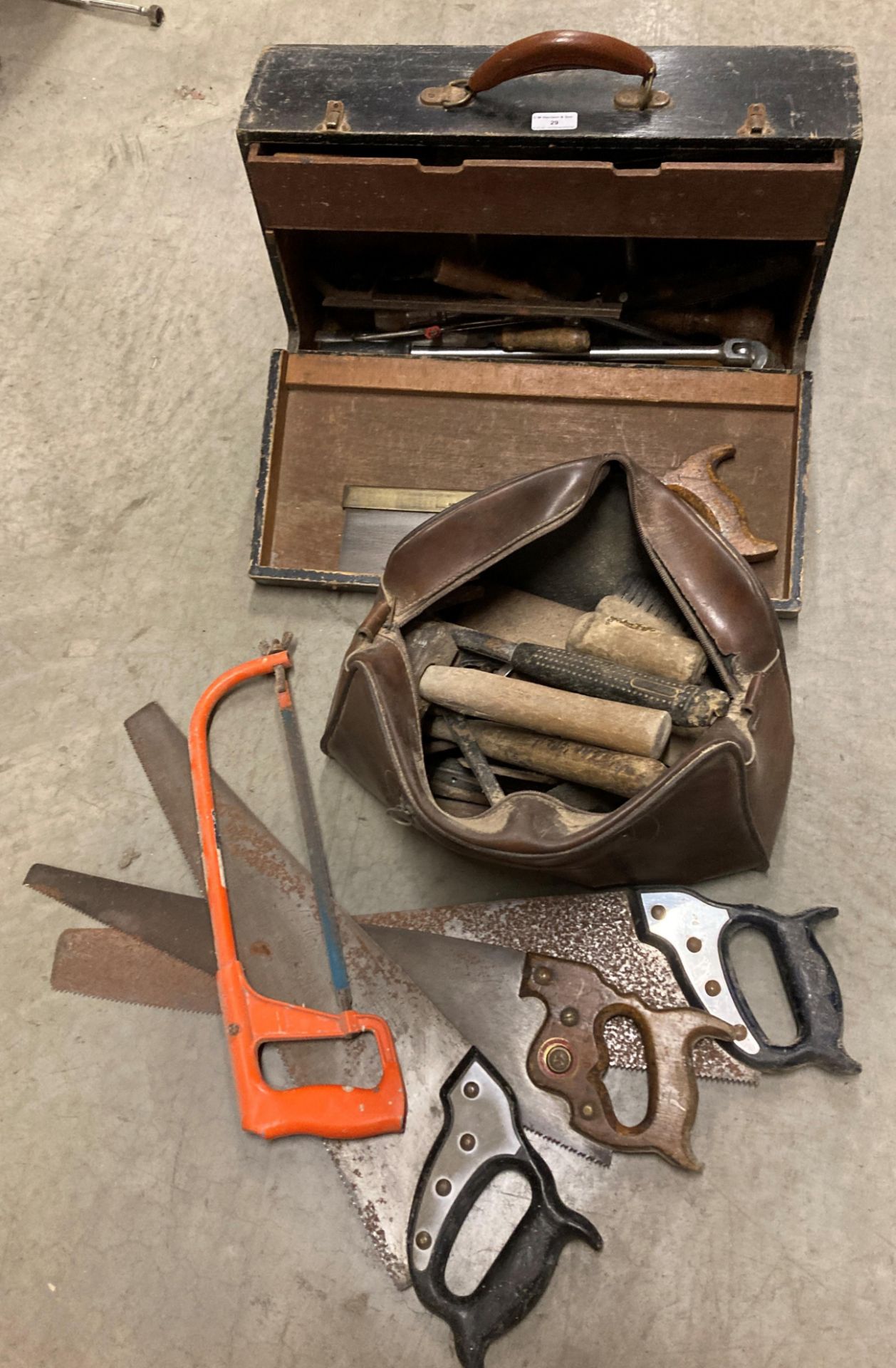 Contents to tool box and bag; a quantity of woodwork tools, saws, bit and brace, chisels, hammer,