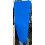Blue plastic topped table with folding legs,