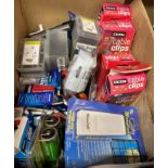 Contents to box - assorted new products - boxes cable clips, batteries, socket backs, etc.