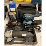 Four items; a MacAllister COD115AG 115mm 850w angle grinder in case,