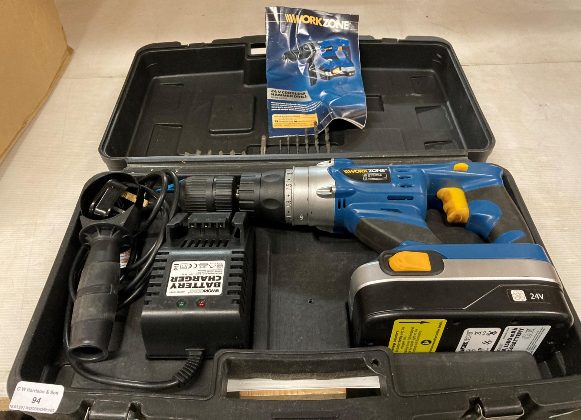 A Workzone 24 volt cordless hammer drill complete with battery, charger,