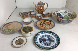 Fourteen Japanese ceramic items including scalloped edged flower decorated bowl 21cm diameter,