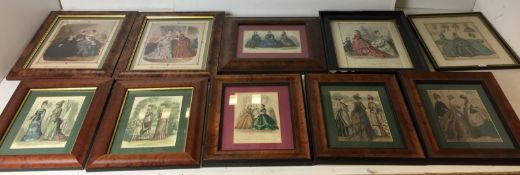 Ten framed Victorian fashion prints including three 33 x 28cm, two 33 x 28cm,
