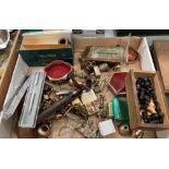 Contents to lid - miniature brass ornaments, two Ben Wade pipes, Parker and one other ballpoint pen,