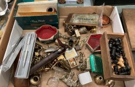 Contents to lid - miniature brass ornaments, two Ben Wade pipes, Parker and one other ballpoint pen,