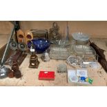 Contents to part of rack; small parasols, Baccarat glass signs, glassware, wall lights, oil can,