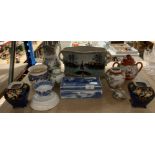 Contents to part of rack - two handled narrow bowl, jugs and vases,