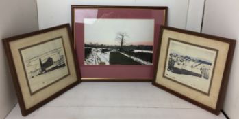 Three framed prints by local artist Peter Brook - "Sheep in Winter" 37 x 31cm,