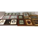Fifteen items including wooden framed mirror with prints of a lady either side 78 x 36cm,