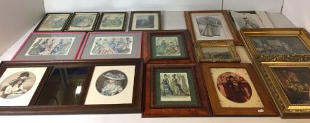 Fifteen items including wooden framed mirror with prints of a lady either side 78 x 36cm,