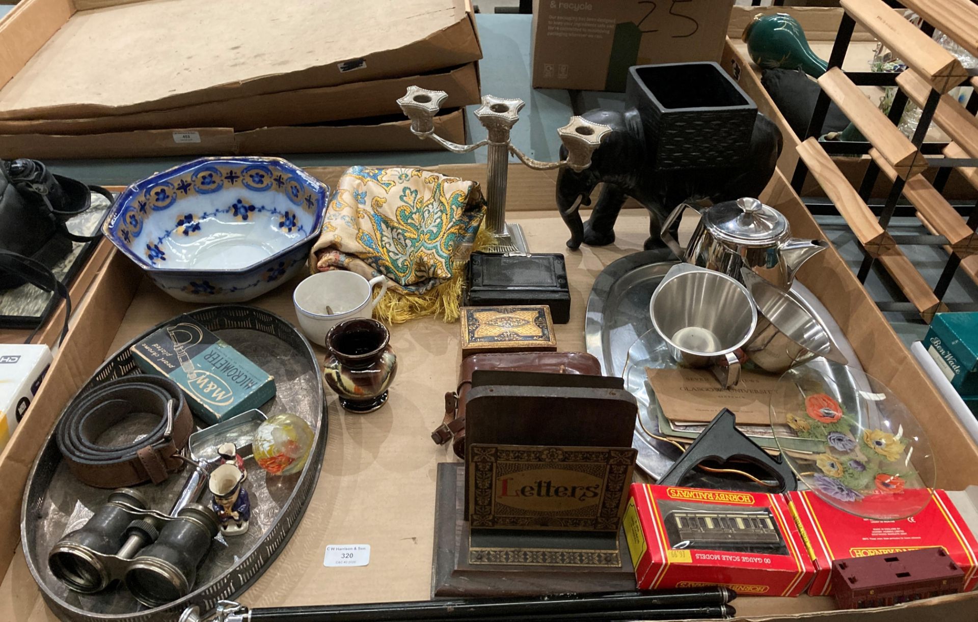 Contents to tray - large pottery elephant, plated candelabra, letter rack, plated tray, micrometer,