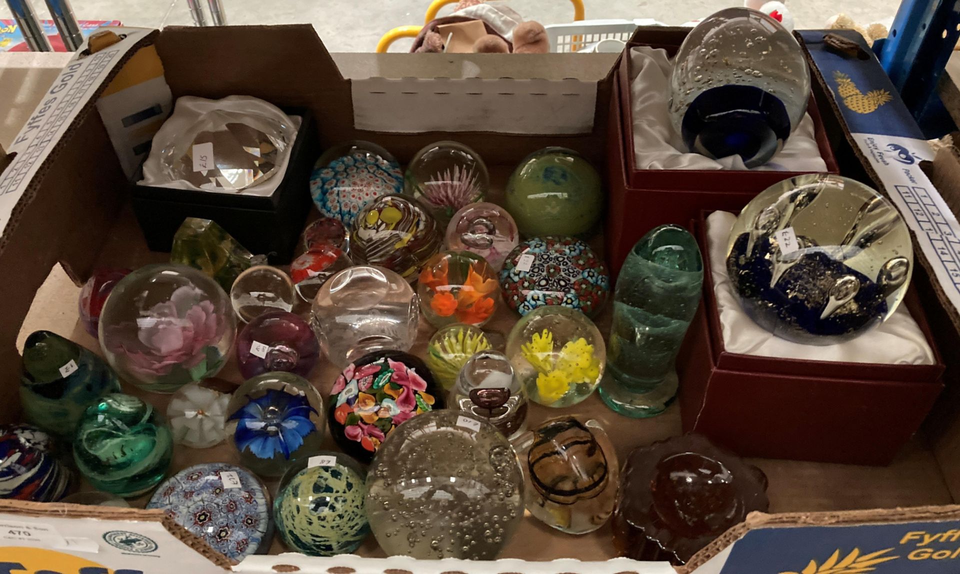Contents to box; thirty-five assorted glass paperweights including a Royal Crest 'Mars in Box',